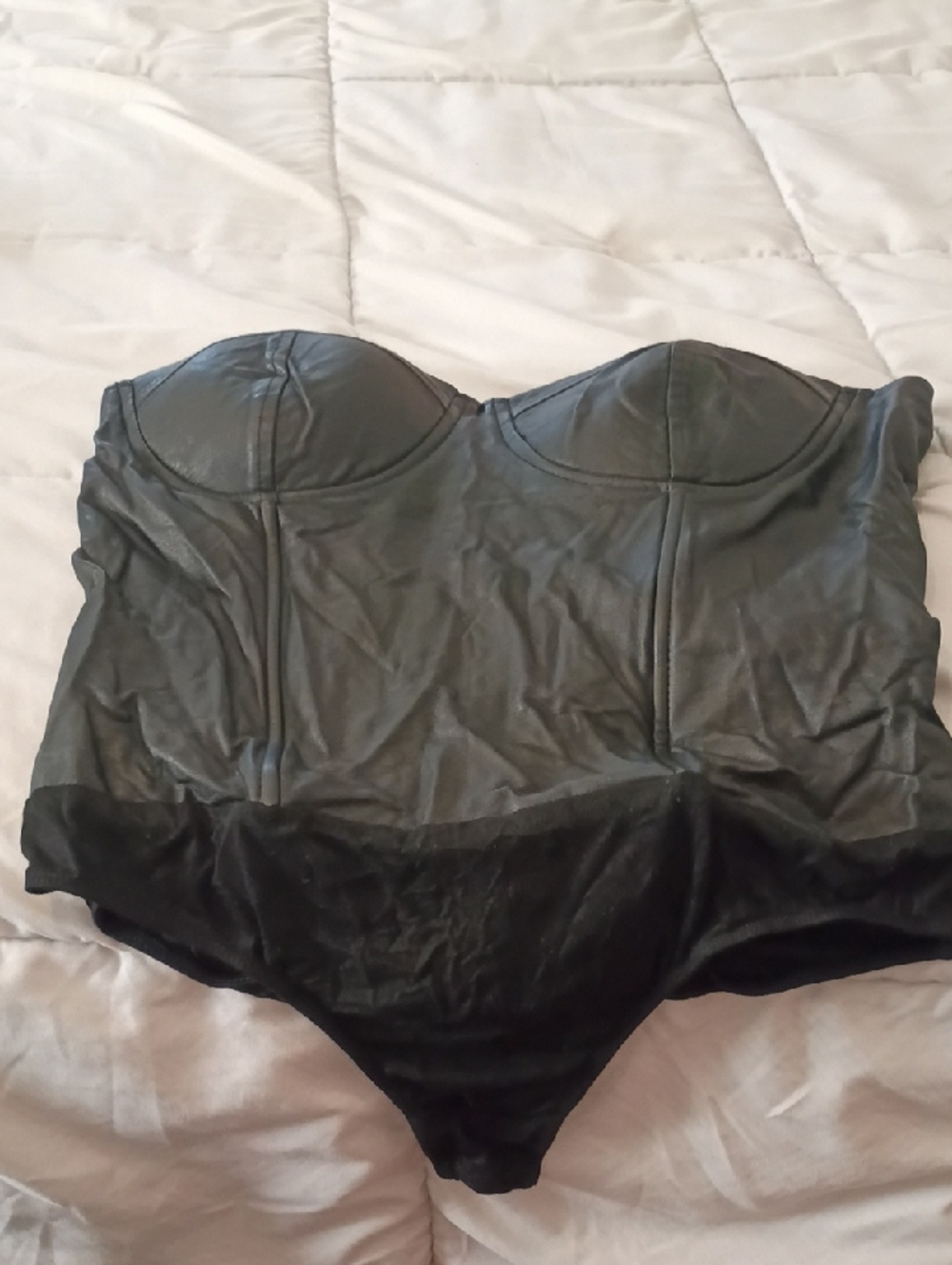 Say what! leather black body  sexy suit!